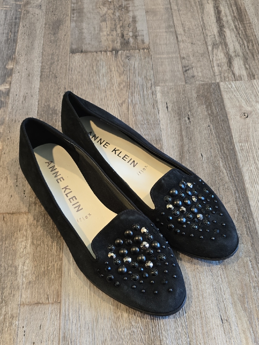 Anne Klein Black Embellished Suede Flats